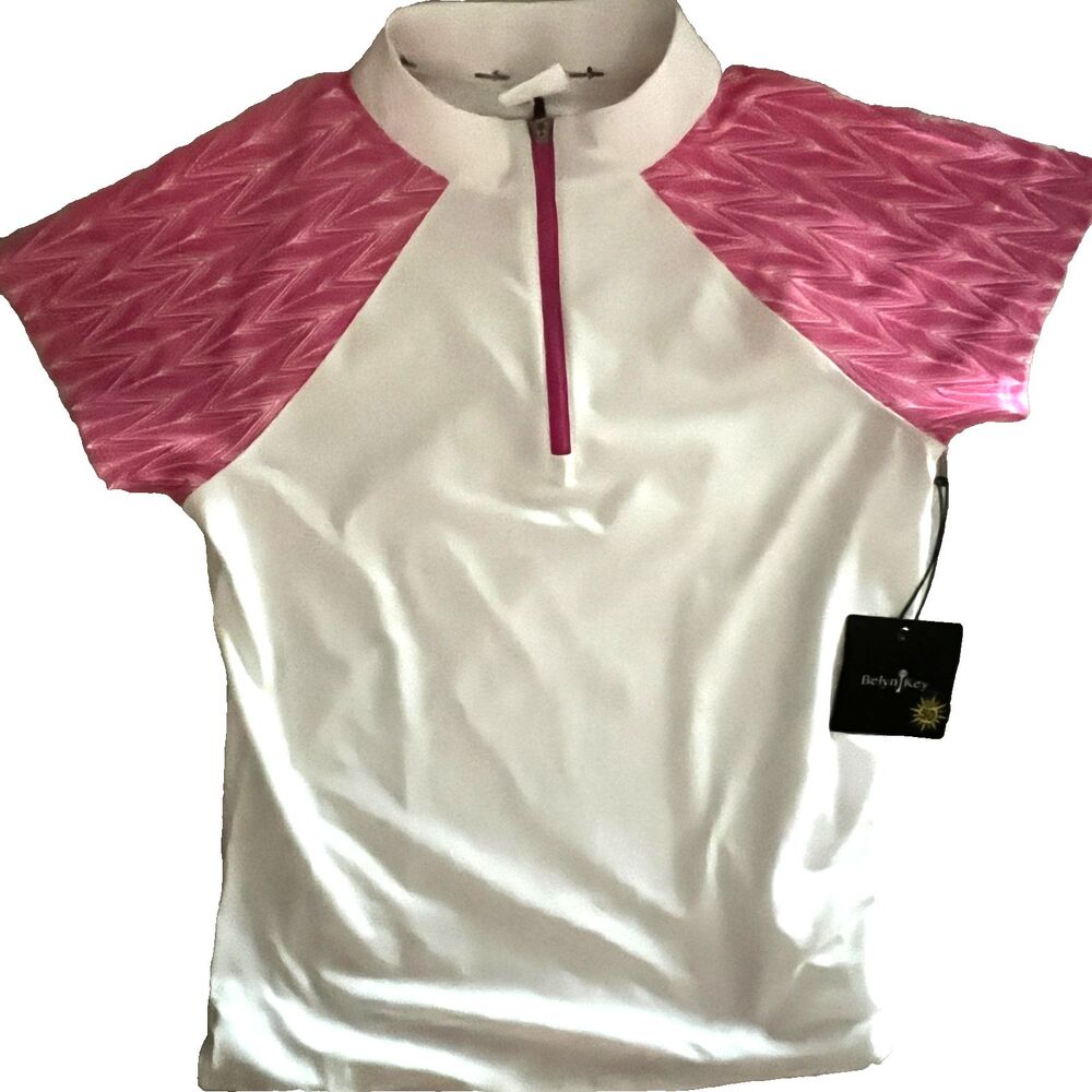 BELYN KEY Golf Top XS 1/4 zip stretch white pink NWT